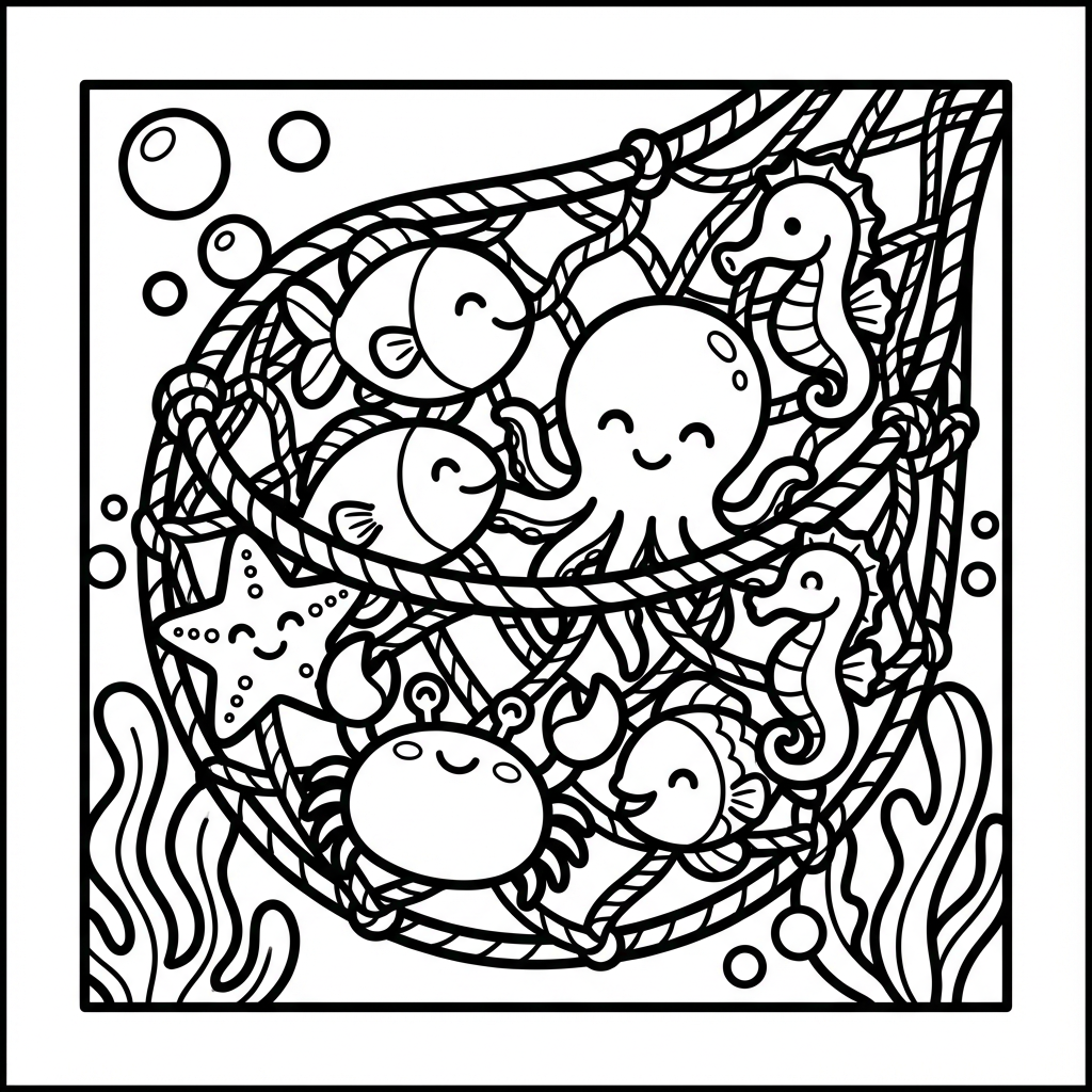 Fishing net full of sea creatures, a large outline coloring pages scene with wide margin coloring sheets.